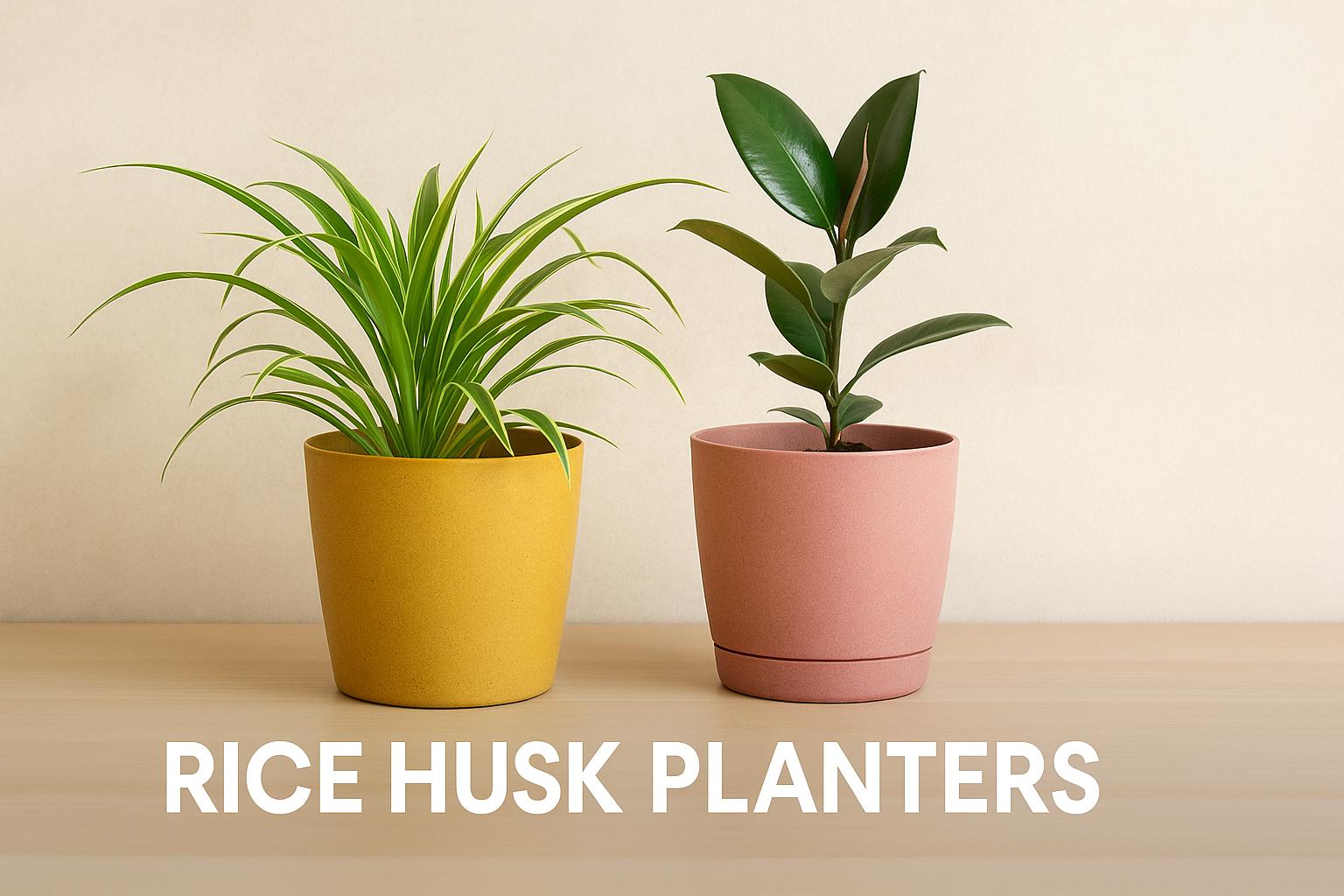 Eco-friendly rice husk planters with indoor green plants, placed on a tabletop in a minimal setting, showcasing sustainable and biodegradable plant container options.